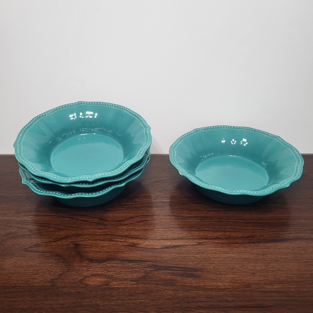 Pioneer Woman Paige Turquoise Scalloped Beaded Edge 8" Soup Cereal Bowl Set Of 4